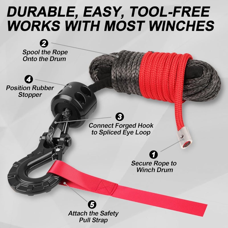 Bonison Synthetic Winch Rope Kit - 1/4'' x 50' with 10,000 lbs Breaking Strength, Included Lightweight Winch Rope Winch Stopper and Winch Hook, Easy Installation, Replacement for ATV UTV Boat Truck Winches - Image 2